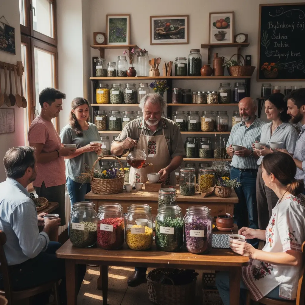 Záber na čajník s bylinkovým čajom na pozadí pokojnej prírody