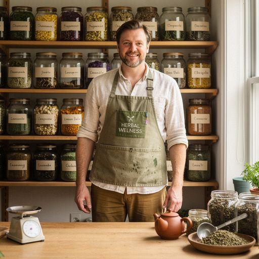 Šálka bylinkového čaju na drevenom stole v prírodnej scenérii.